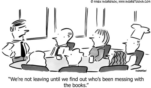 Cartoon illustration of bookkeeping workflow